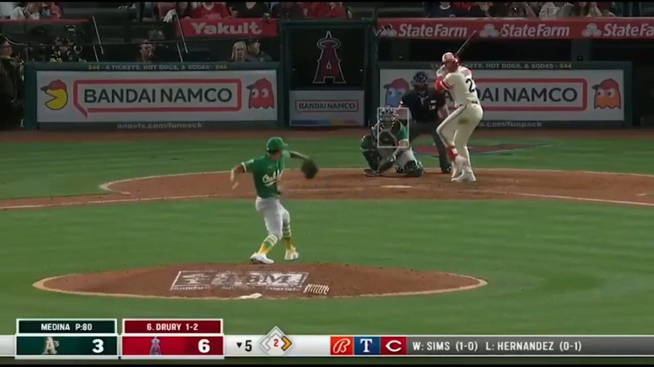 Brandon Drury crushes a two-run home run to extend the Angels’ lead over the Athletics