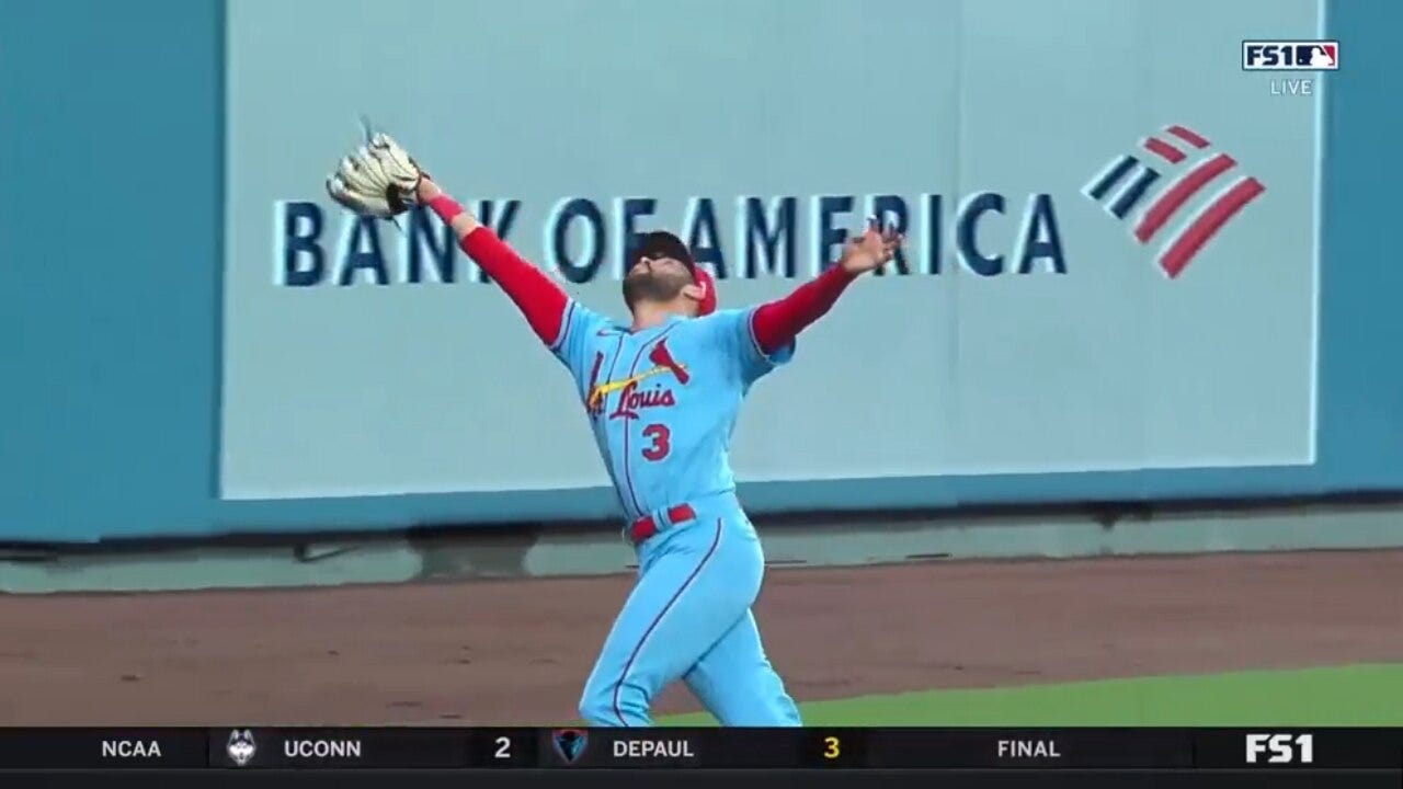 Cardinals center fielder Dylan Carlson makes an incredible catch at the warning track to get Mookie Betts out