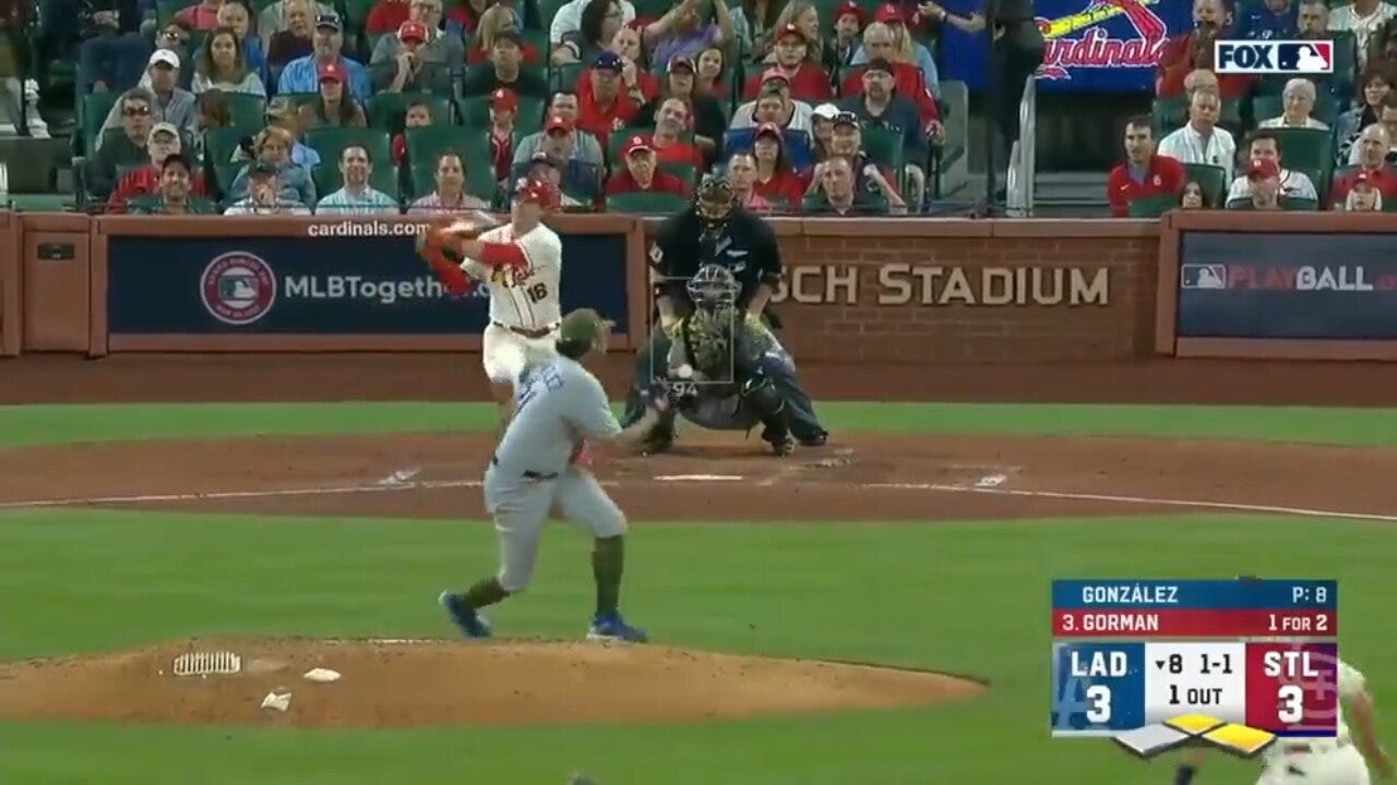 Cardinals' Nolan Gorman crushes a three-run home run to take the 6-3 lead over the Dodgers