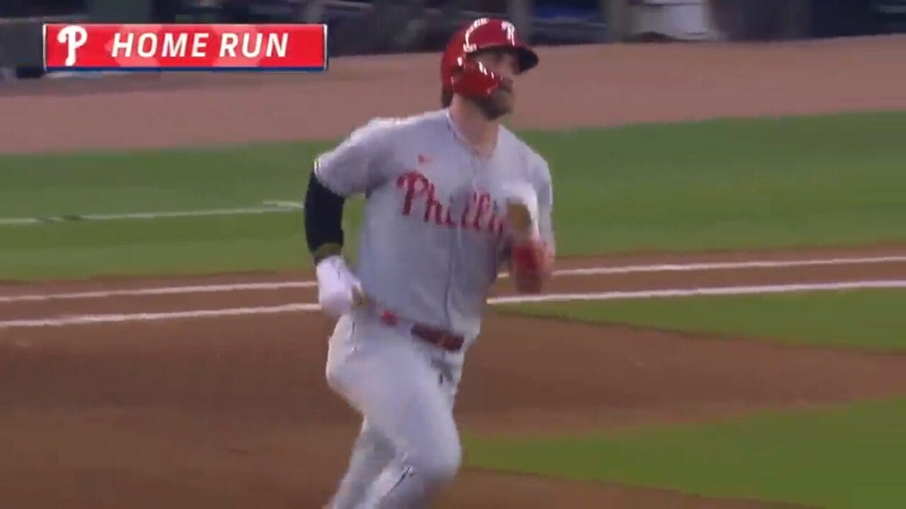 Phillies' Bryce Harper smashes his 40th career home run against the Braves 445 feet to right-center field