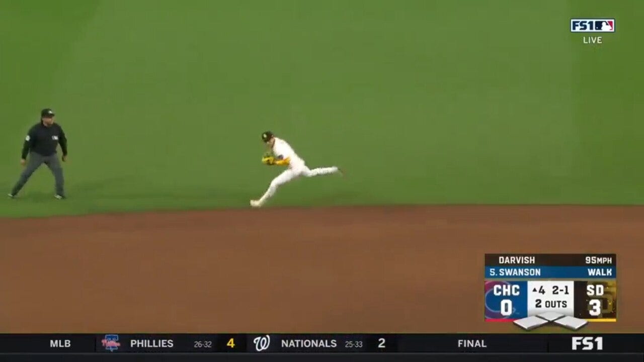 Padres' second baseman Ha-Seong Kim makes a FANTASTIC defensive play to get Cubs' Dansby Swanson out at first