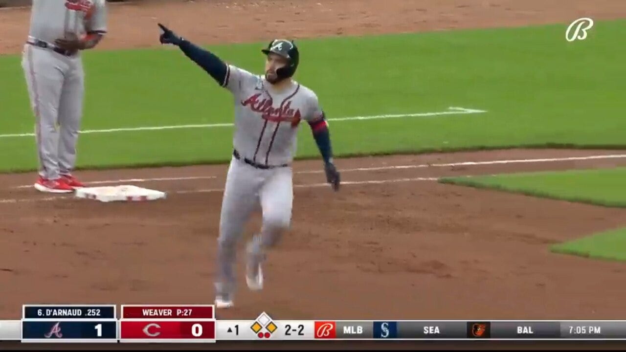 Braves' Travis d'Arnaud sends a three-run homer to right-center field, highlighting a five-run first inning vs. the Reds