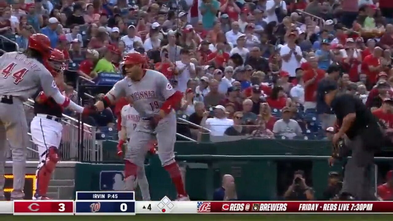 Reds' Joey Votto muscles a two-run shot to left-center field, extending the lead vs. the Nationals