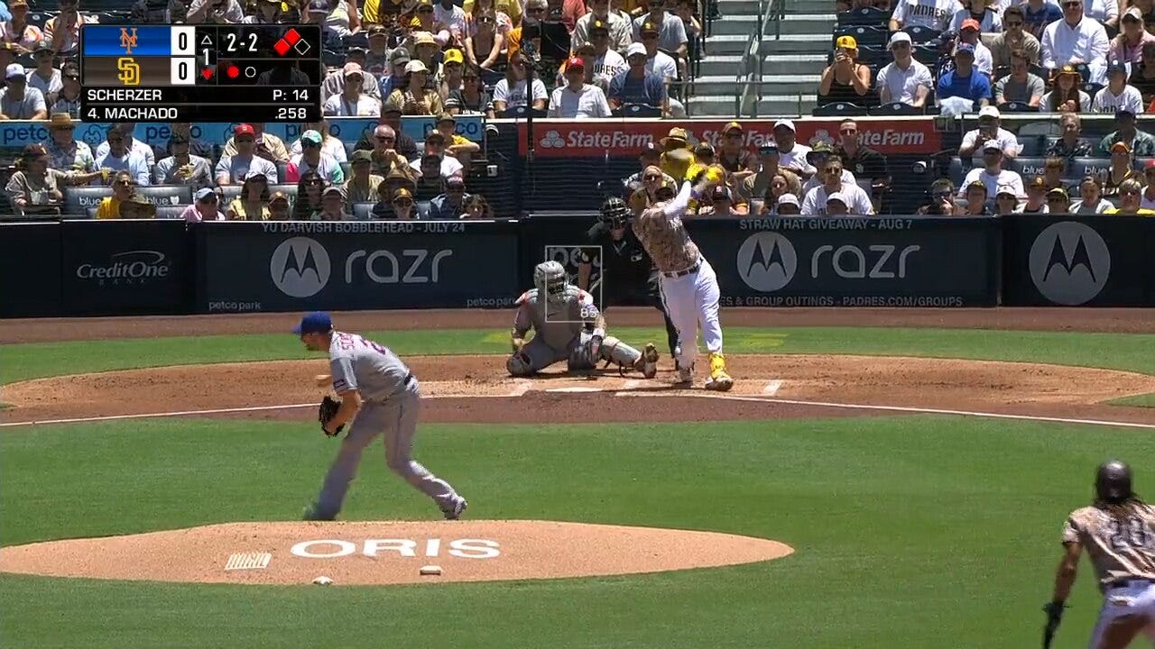 Manny Machado blasts a three-run home run off Mets ace Max Scherzer, giving the Padres an early lead