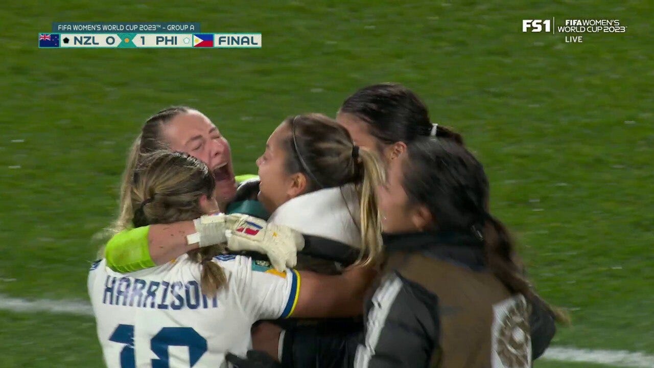 Philippines celebrate after earning their country’s first World Cup win in history against New Zealand