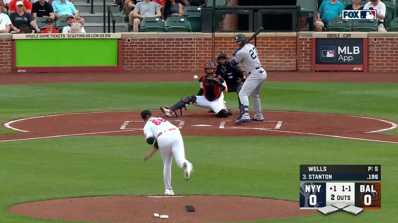 Giancarlo Stanton slams a 427-foot solo home run to start the Yankees off against the Orioles