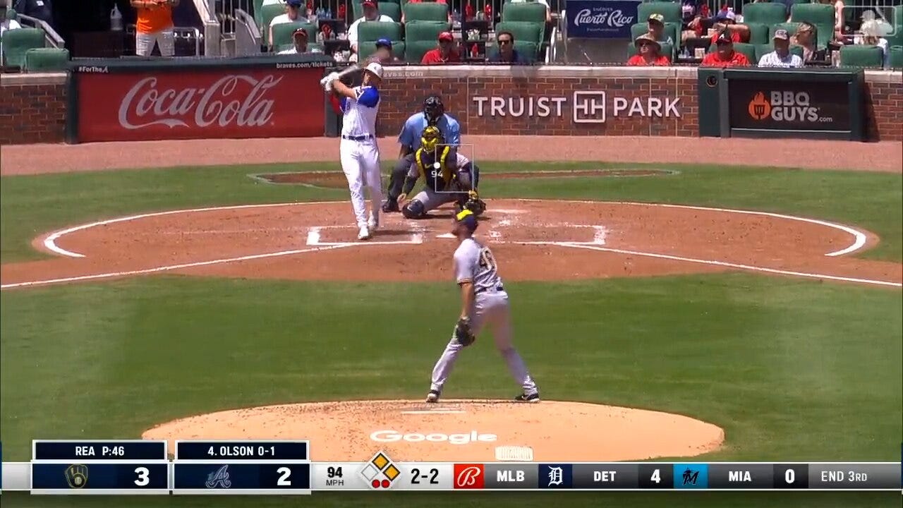 Matt Olson blasts a three-run home run to right field to put the Braves out in front of the Brewers