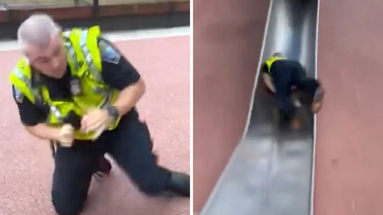 Police officer goes viral over after launching himself down slide