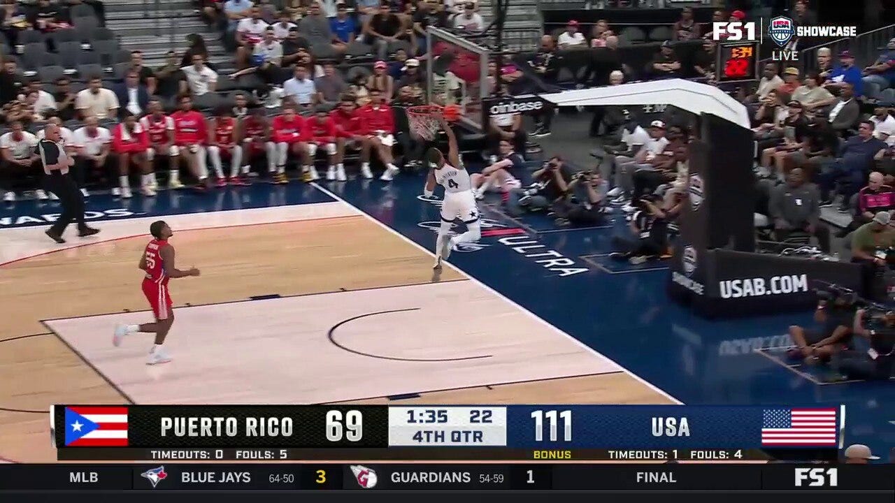 Austin Reaves throws ahead to Tyrese Haliburton who finishes with the dunk in Team USA's 117-74 victory over Puerto Rico