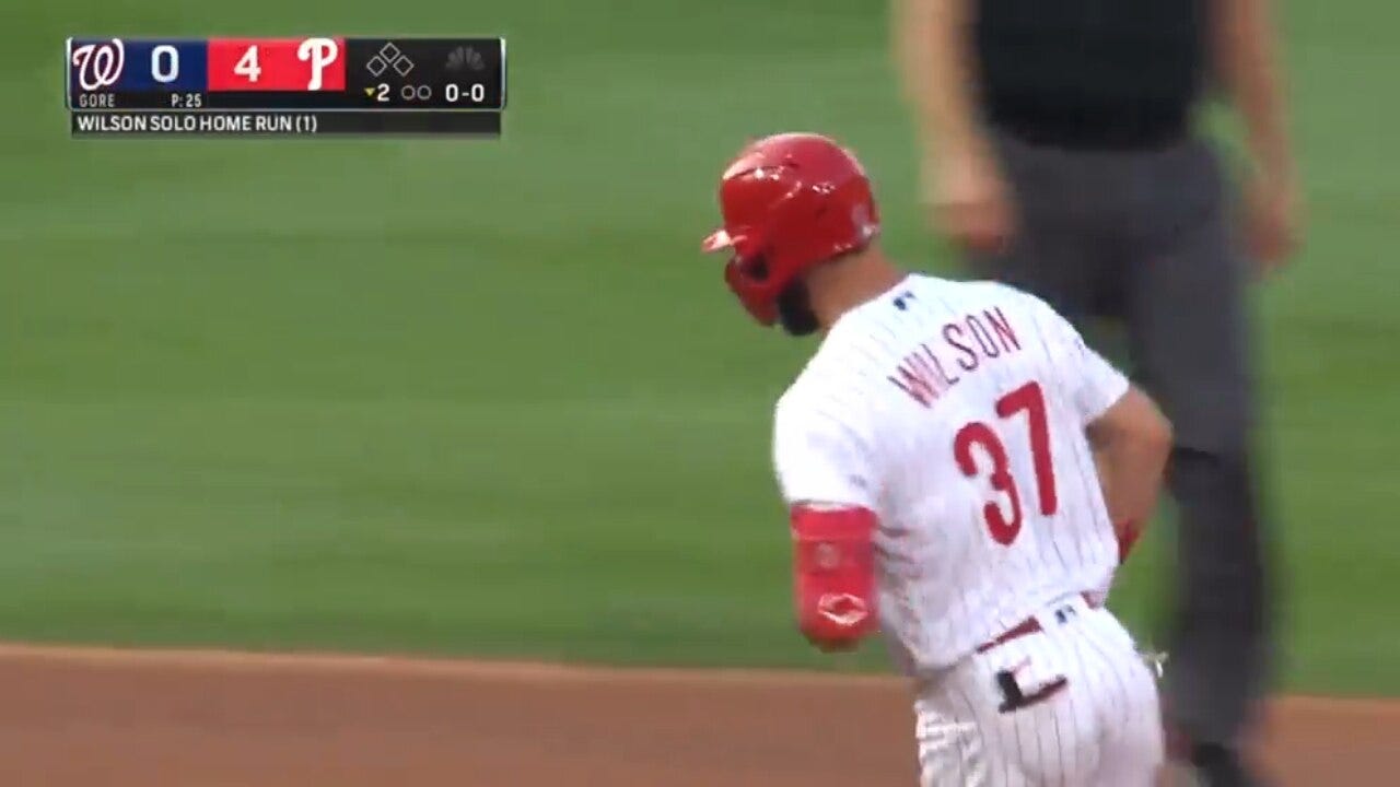 Phillies' Weston Wilson homers in his first major league at-bat, and his dad gets emotional after his home run trot