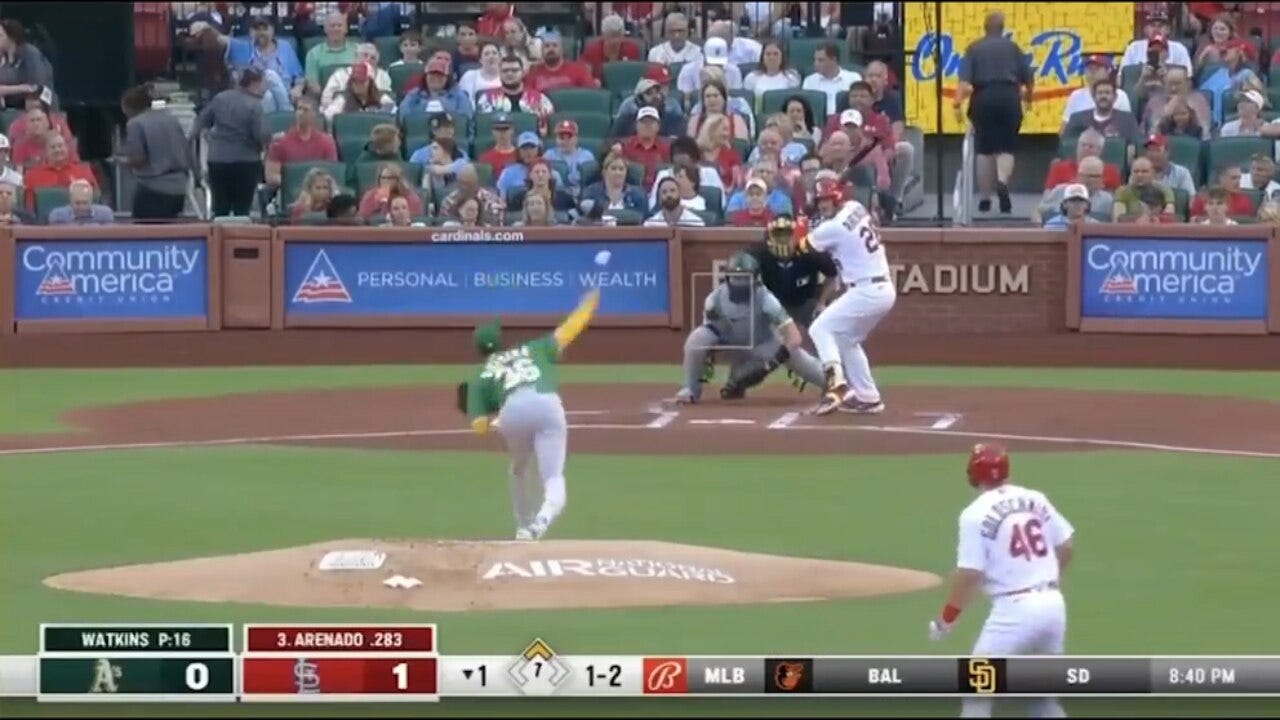 Nolan Arenado blasts a two-run shot to extend the Cardinals' lead over the Athletics