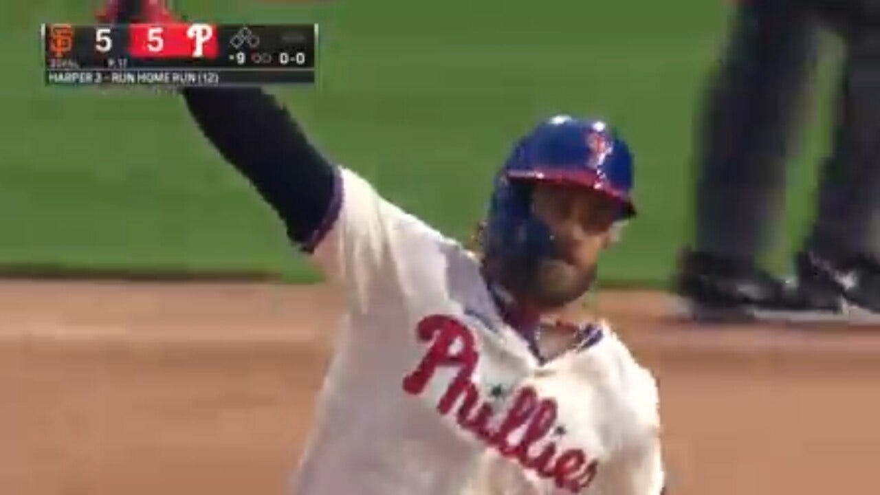 Bryce Harper cranks a three-run home run to tie the game against the Giants in the ninth-inning