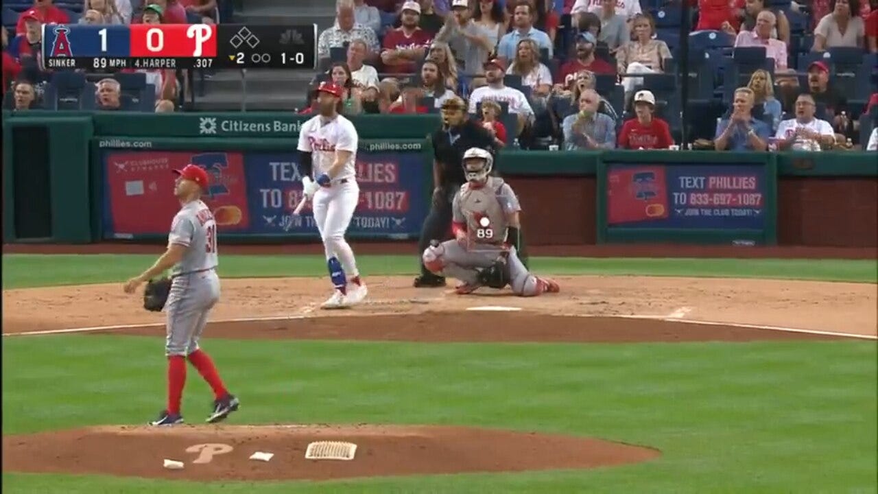 Phillies' Bryce Harper HAMMERS a solo home run to tie the game against the Angels