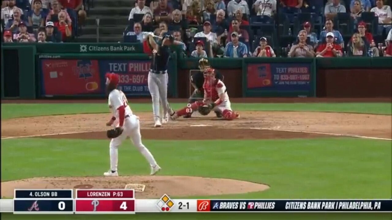 Matt Olson crushes a three-run home run to cut the Braves' deficit against the Phillies